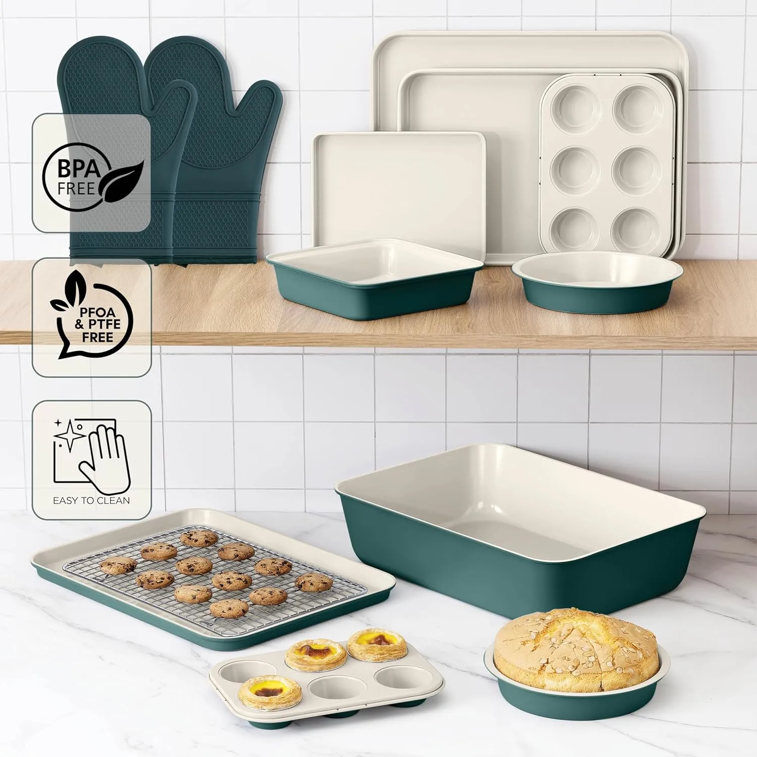 Country Kitchen Nonstick Stackable Bakeware Set - Durable, Easy Release Baking Set, Sage, 13 Pcs