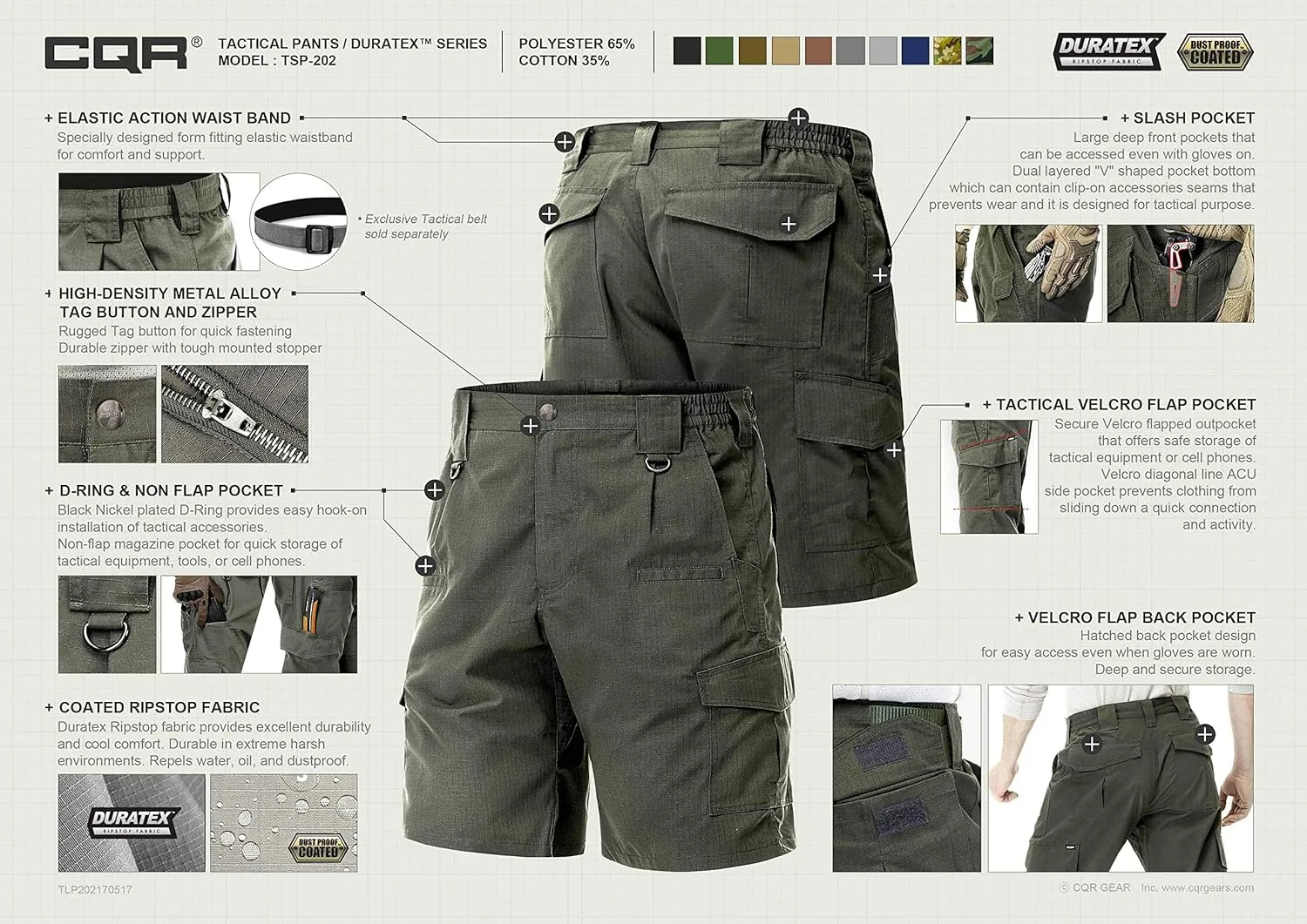 CQR Men's Hiking Cargo Shorts, Quick Dry Stretch Tactical Outdoor Shorts, Lightweight Camping Golf Shorts with Multi Pockets