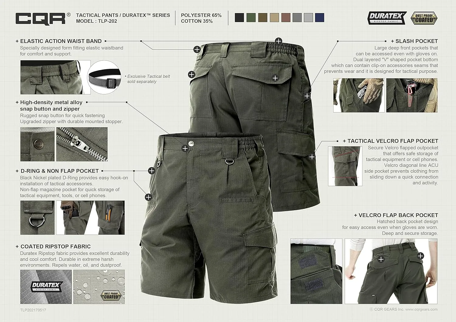 CQR Men's Hiking Cargo Shorts, Quick Dry Stretch Tactical Outdoor Shorts, Lightweight Camping Golf Shorts with Multi Pockets