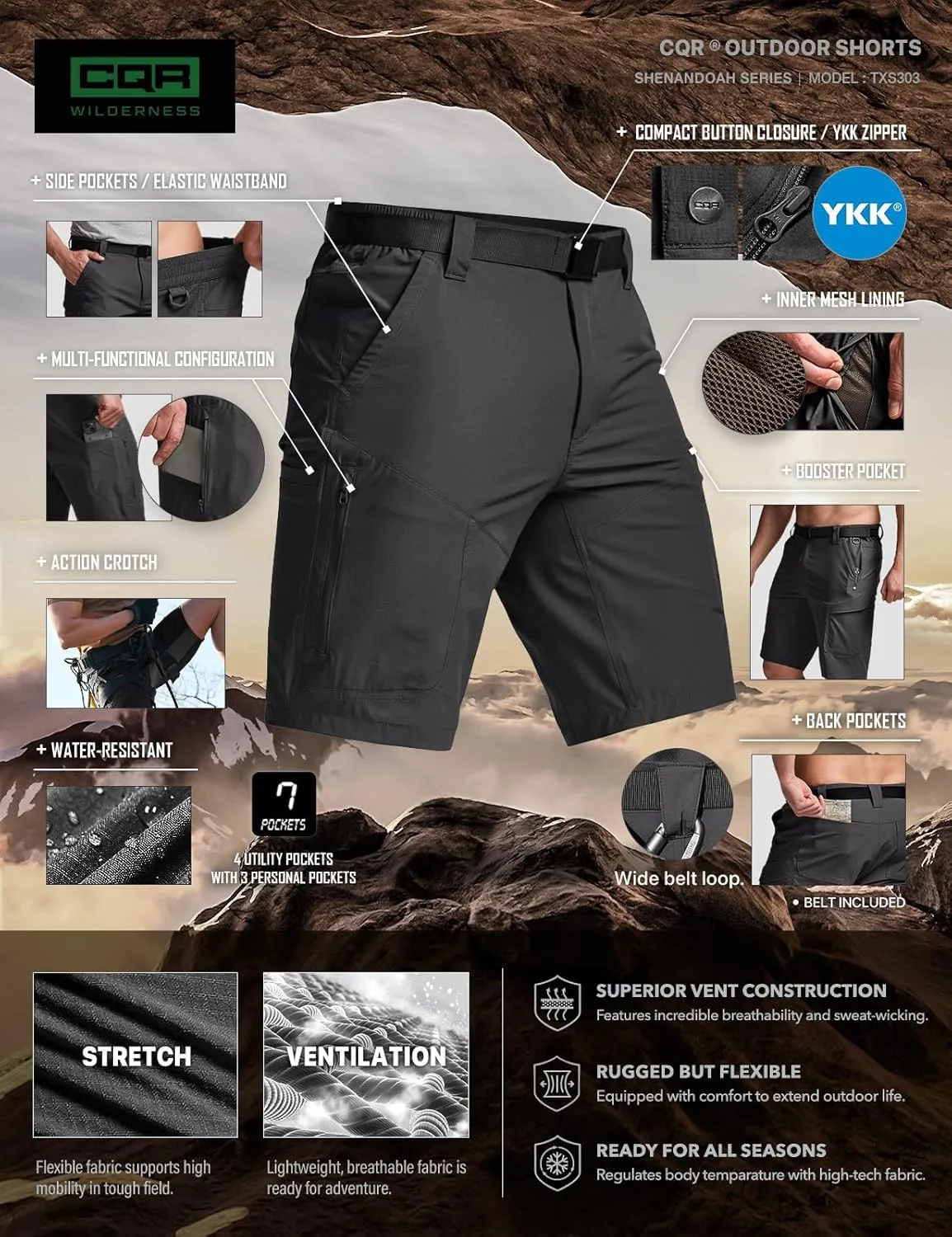 CQR Men’s Quick-Dry Stretch Hiking Cargo Shorts – Lightweight Water-Resistant Tactical Casual, Golf & Outdoor with Pockets