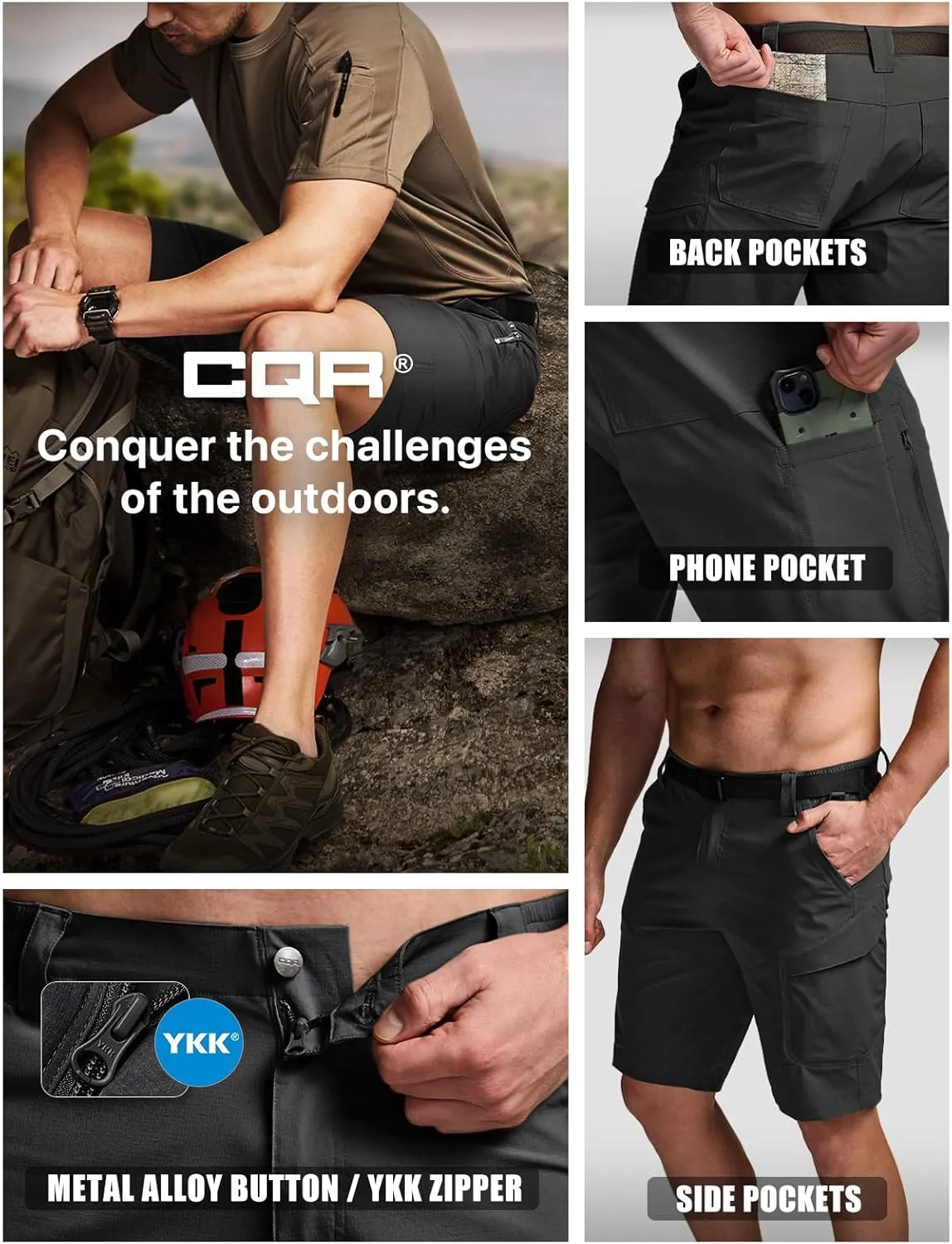 CQR Men’s Quick-Dry Stretch Hiking Cargo Shorts – Lightweight Water-Resistant Tactical Casual, Golf & Outdoor with Pockets