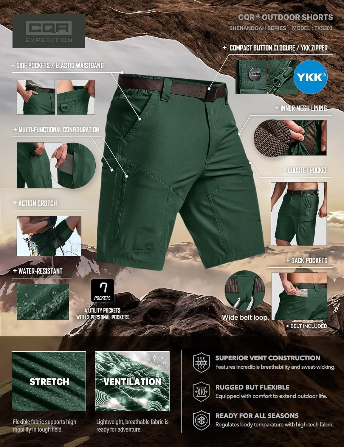 CQR Men’s Quick-Dry Stretch Hiking Cargo Shorts – Lightweight Water-Resistant Tactical Casual, Golf & Outdoor with Pockets