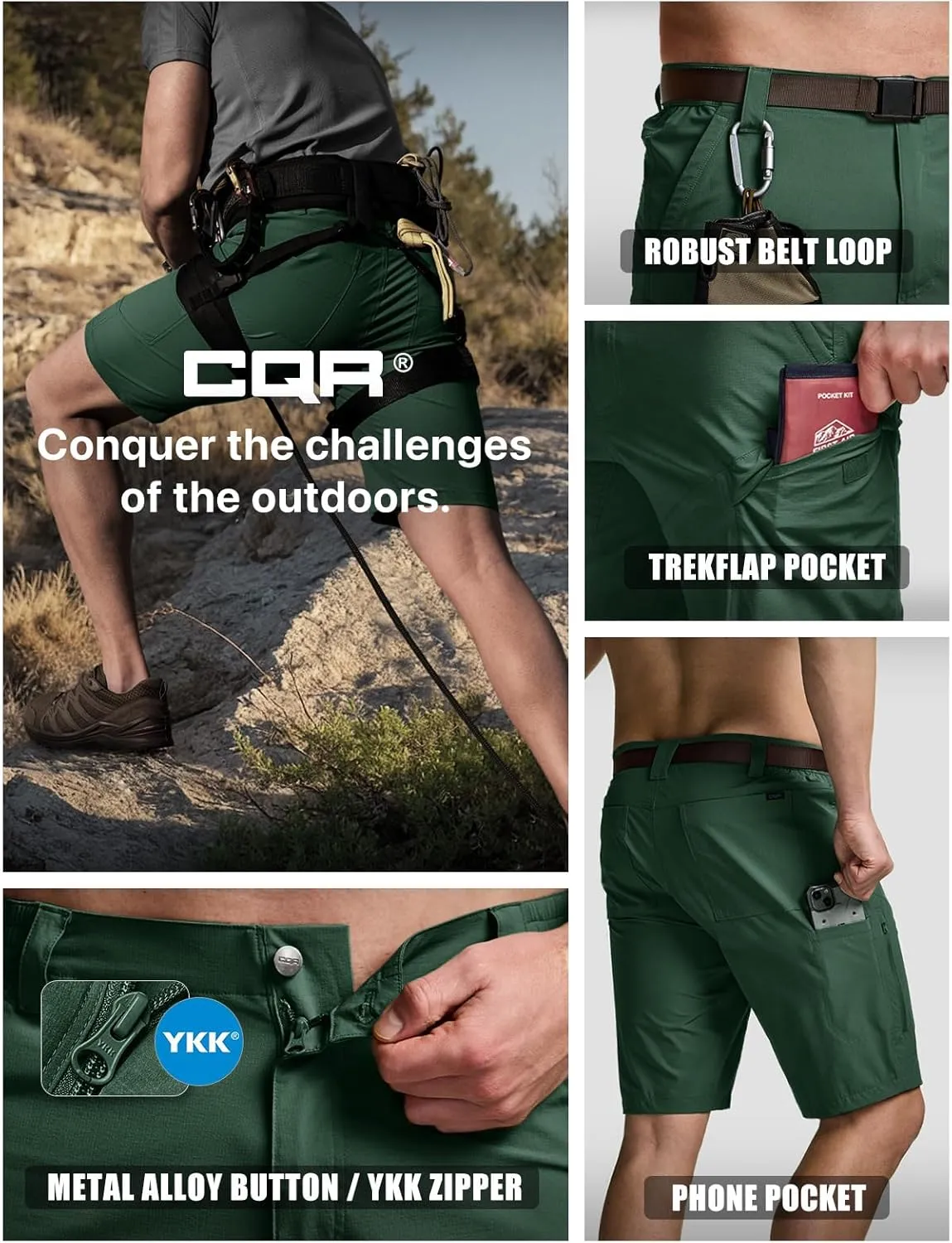 CQR Men’s Quick-Dry Stretch Hiking Cargo Shorts – Lightweight Water-Resistant Tactical Casual, Golf & Outdoor with Pockets