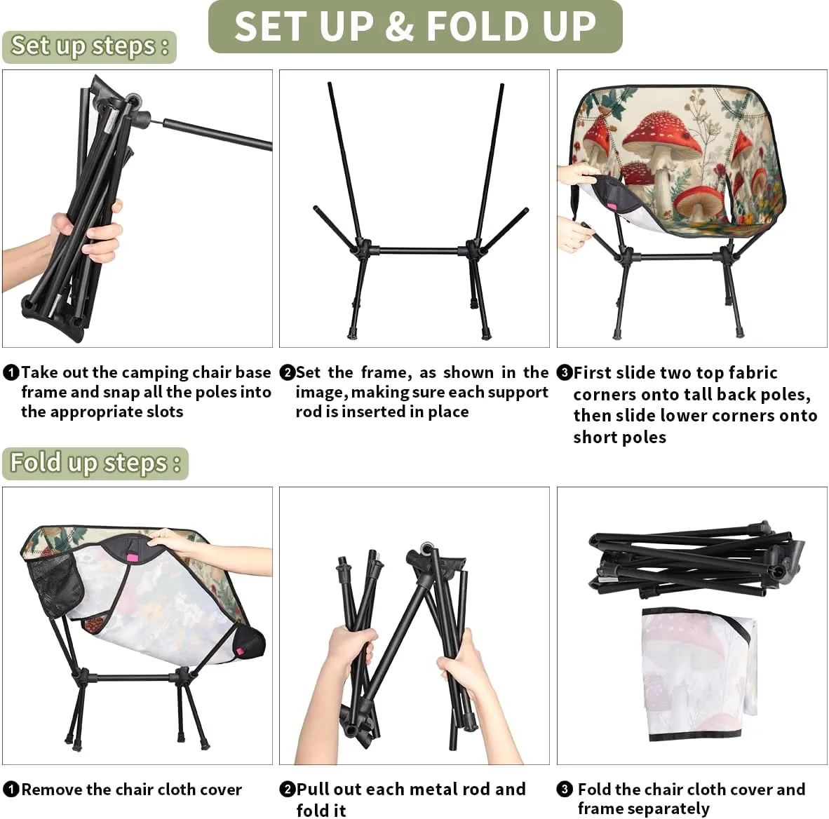 Cute Mushrooms Flower Portable Camping Chair Lightweight Folding Backpacking Chair, Compact Foldable Beach Seat with Carry Bag for Outdoor Hiking Fishing Travel