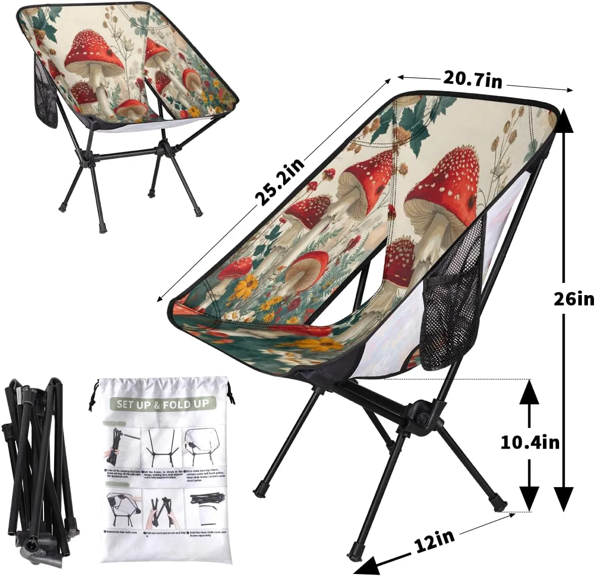 Cute Mushrooms Flower Portable Camping Chair Lightweight Folding Backpacking Chair, Compact Foldable Beach Seat with Carry Bag for Outdoor Hiking Fishing Travel
