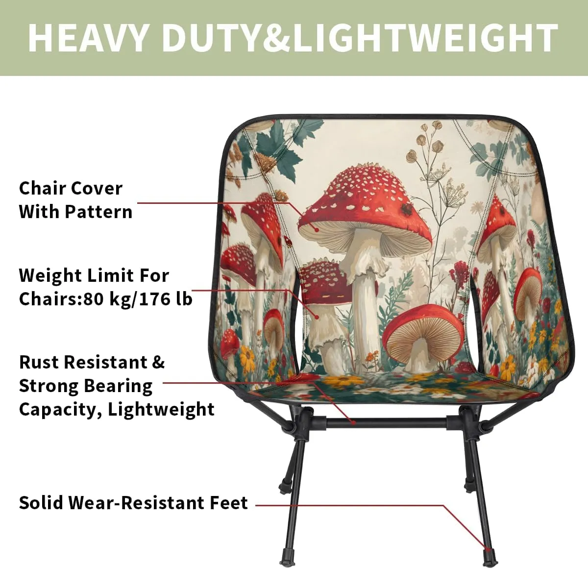 Cute Mushrooms Flower Portable Camping Chair Lightweight Folding Backpacking Chair, Compact Foldable Beach Seat with Carry Bag for Outdoor Hiking Fishing Travel