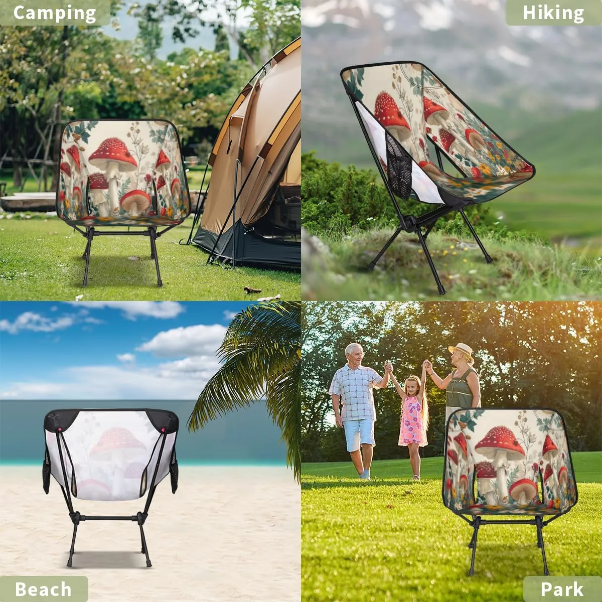 Cute Mushrooms Flower Portable Camping Chair Lightweight Folding Backpacking Chair, Compact Foldable Beach Seat with Carry Bag for Outdoor Hiking Fishing Travel