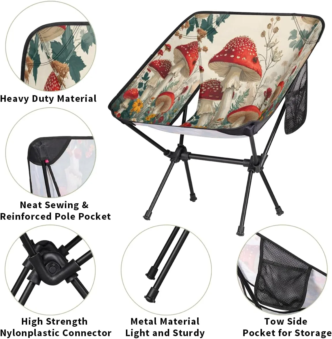 Cute Mushrooms Flower Portable Camping Chair Lightweight Folding Backpacking Chair, Compact Foldable Beach Seat with Carry Bag for Outdoor Hiking Fishing Travel
