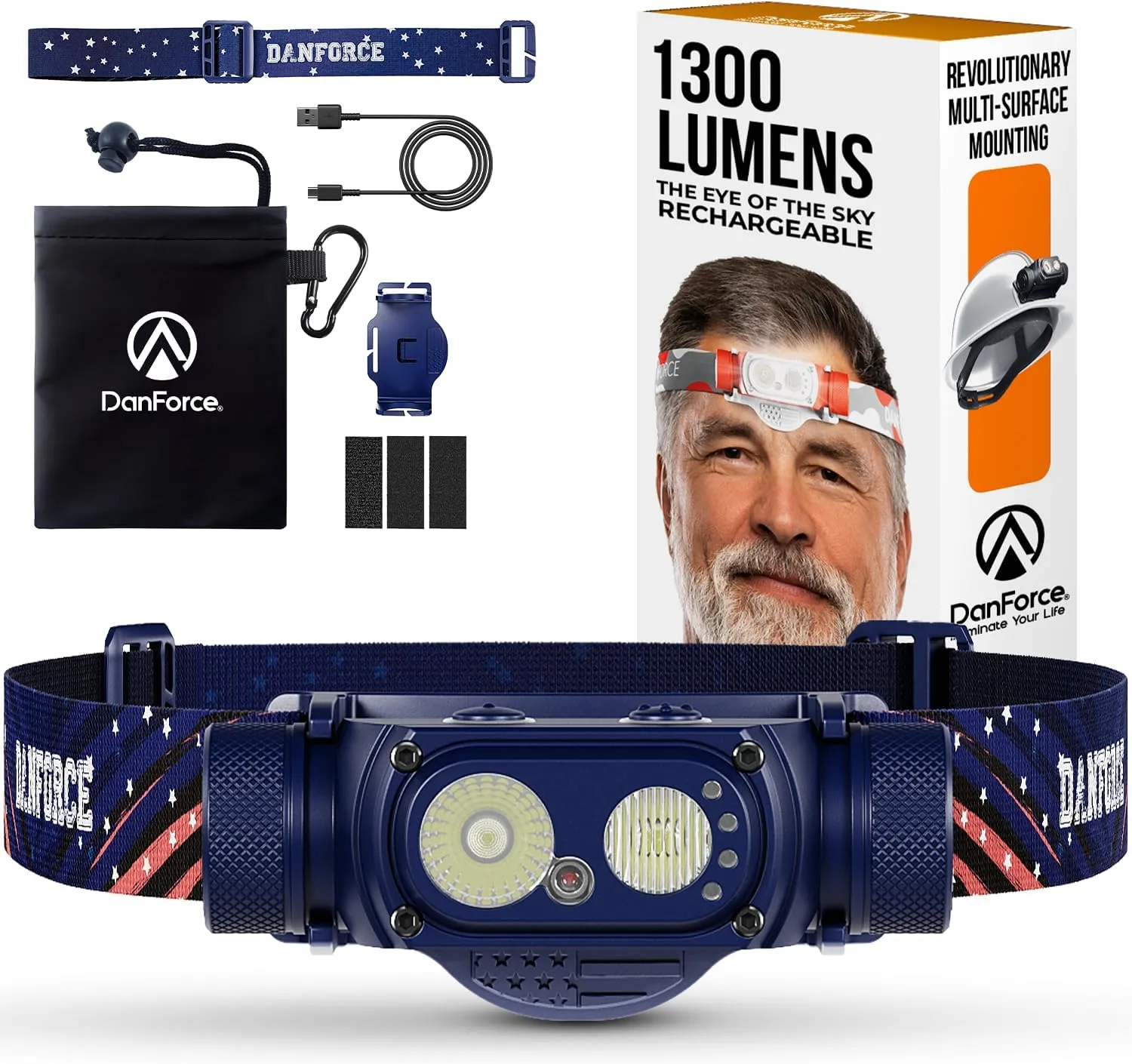 DanForce Headlamp Rechargeable, American LED Ultra Bright 1300 Lumens Head lamp, USB Type C Rechargeable Headlamp,IPX65 Head Light, Dimmable, Revolution Surfaces Headlight - The Eye of The Sky