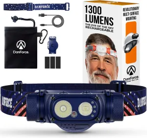 DanForce Headlamp Rechargeable, American LED Ultra Bright 1300 Lumens Head lamp, USB Type C Rechargeable Headlamp,IPX65 Head Light, Dimmable, Revolution Surfaces Headlight - The Eye of The Sky