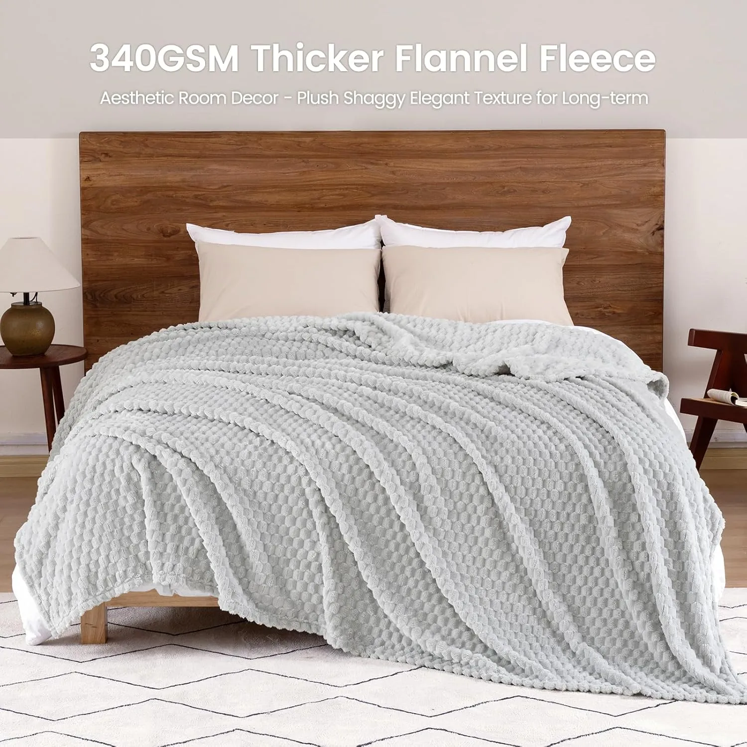 David's Home Ultra Soft Fleece Blanket Twin Size, Warm Lightweight 3D Jacquard Flannel Blanket for Fall Winter, Fluffy Cozy Luxury Plush Suitable for Bed Room Decor,66"x90", Light Grey