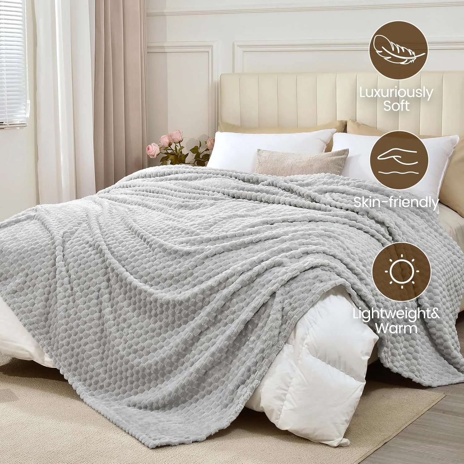 David's Home Ultra Soft Fleece Blanket Twin Size, Warm Lightweight 3D Jacquard Flannel Blanket for Fall Winter, Fluffy Cozy Luxury Plush Suitable for Bed Room Decor,66"x90", Light Grey