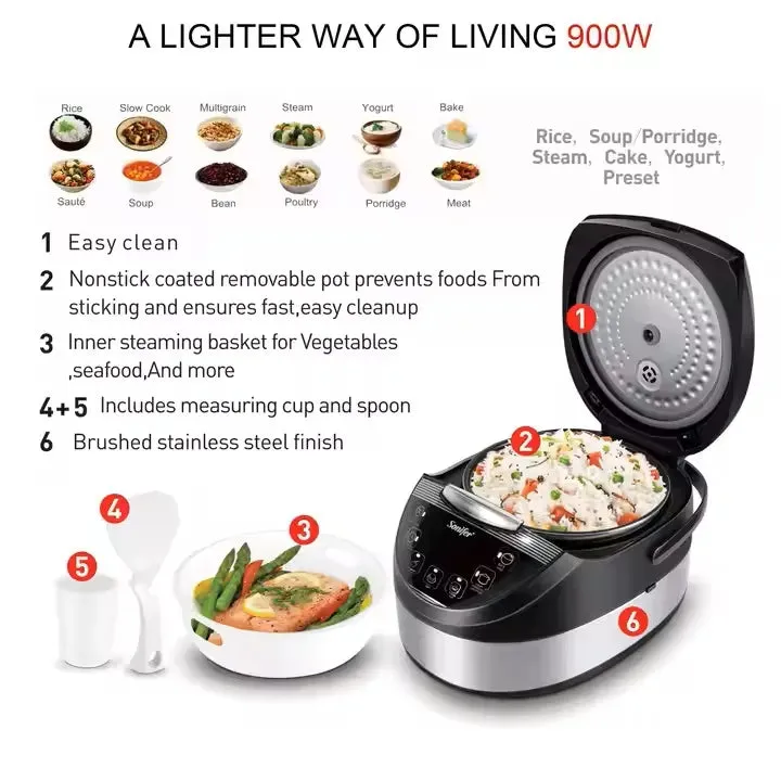 Dependable LED Pot, 20 900W Sonifer Cooker Cup with Multicooker 6 - Display Digital Capacity Rice Programs, 5L Nonstick & Protected & Coated