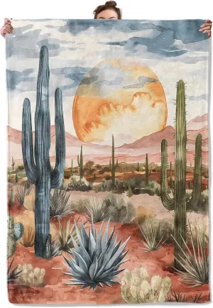 Desert Sunset Throw Blanket for Couch Picnic Camping Outdoor Decor, Wilderness Cactus Botanical Scene Design, Super Soft Cozy Plush Fluffy Fleece Blankets Gifts for Kids Adults, 80x60 Inch