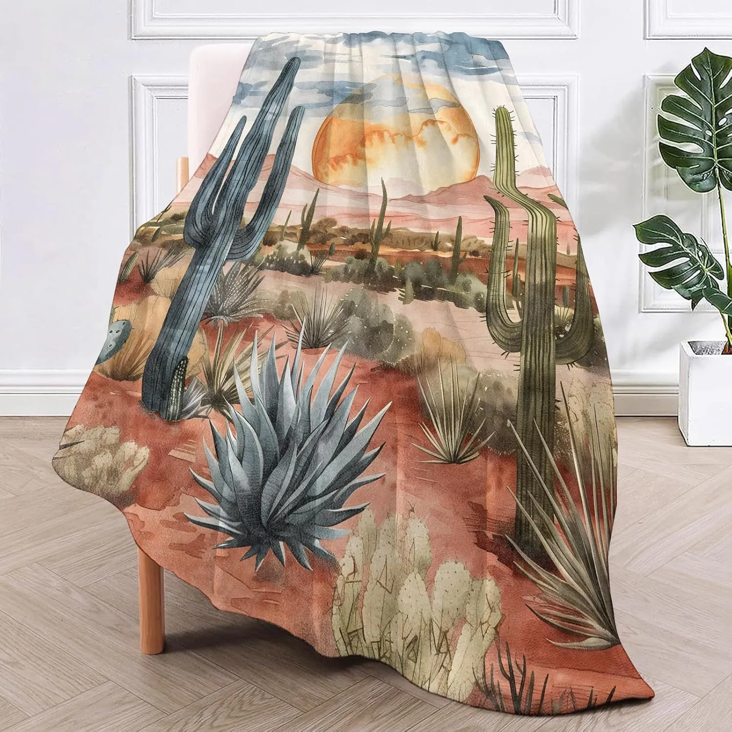 Desert Sunset Throw Blanket for Couch Picnic Camping Outdoor Decor, Wilderness Cactus Botanical Scene Design, Super Soft Cozy Plush Fluffy Fleece Blankets Gifts for Kids Adults, 80x60 Inch