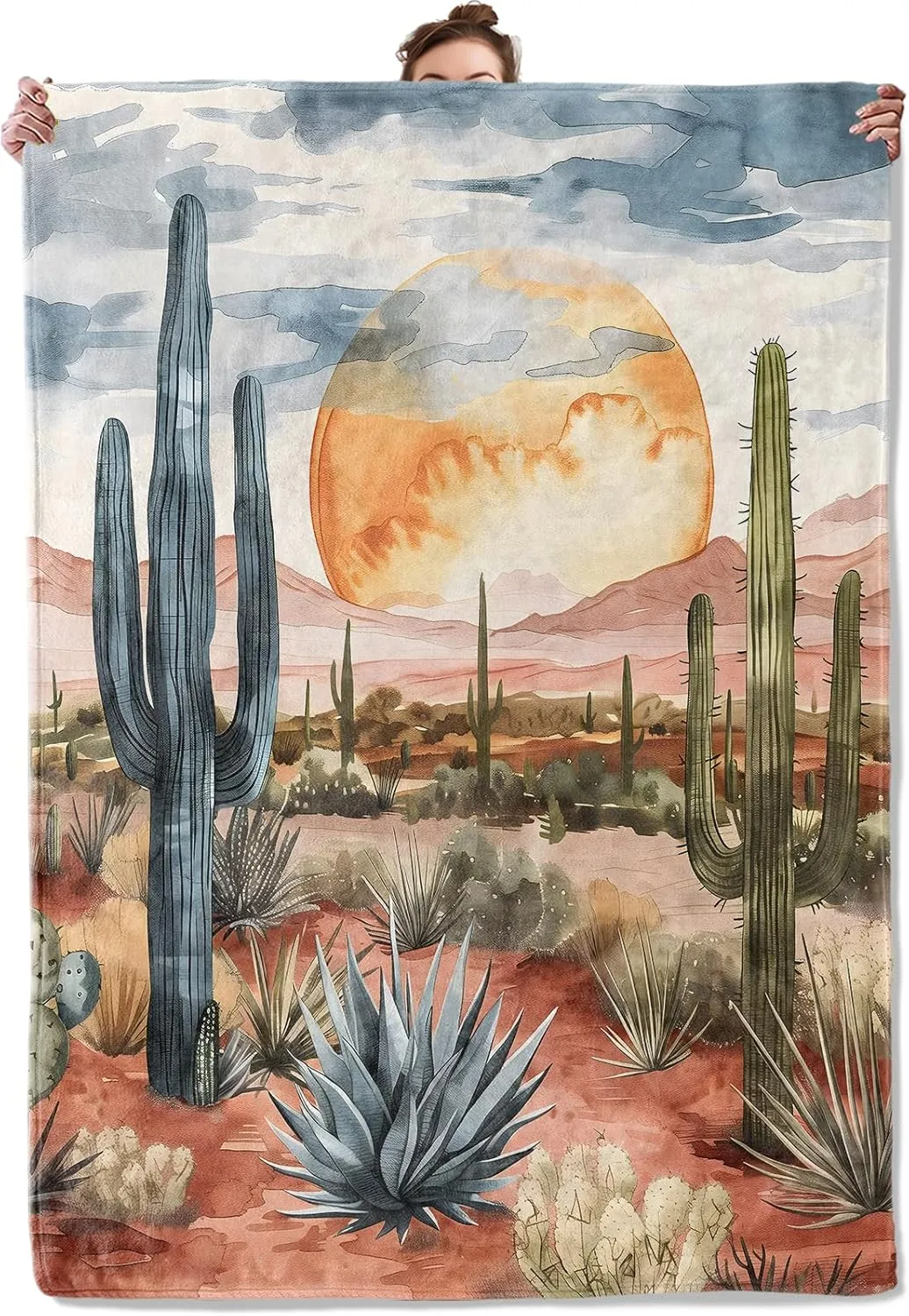 Desert Sunset Throw Blanket for Couch Picnic Camping Outdoor Decor, Wilderness Cactus Botanical Scene Design, Super Soft Cozy Plush Fluffy Fleece Blankets Gifts for Kids Adults, 80x60 Inch