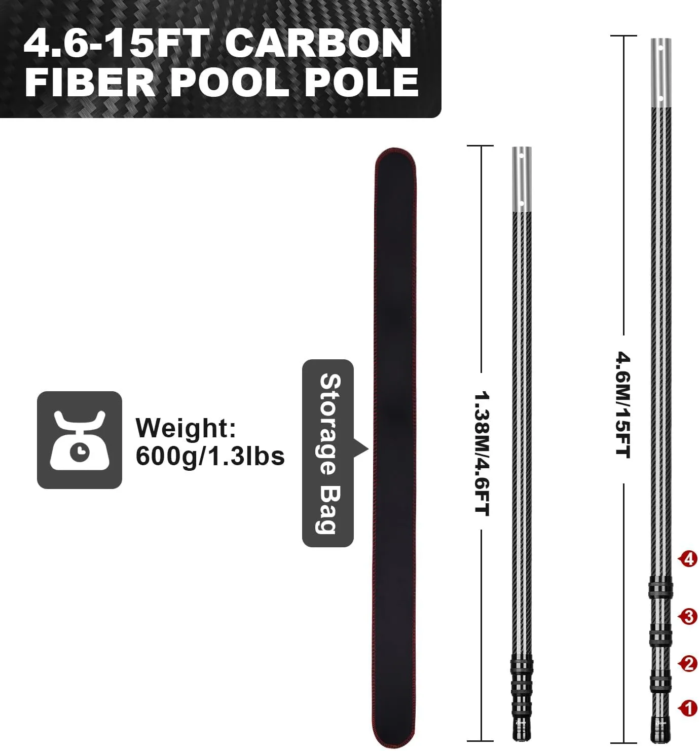 DOBEN 3K Carbon Fiber Pool Pole, Upgraded Telescopic Pool Pole 4.6 to 15 Feet, Professional Telescoping Swimming Pool Pole for Skimmer Net, Brush, Vacuum Head 15FT