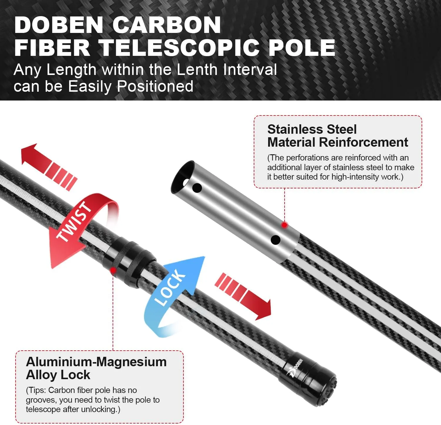 DOBEN 3K Carbon Fiber Pool Pole, Upgraded Telescopic Pool Pole 4.6 to 15 Feet, Professional Telescoping Swimming Pool Pole for Skimmer Net, Brush, Vacuum Head 15FT