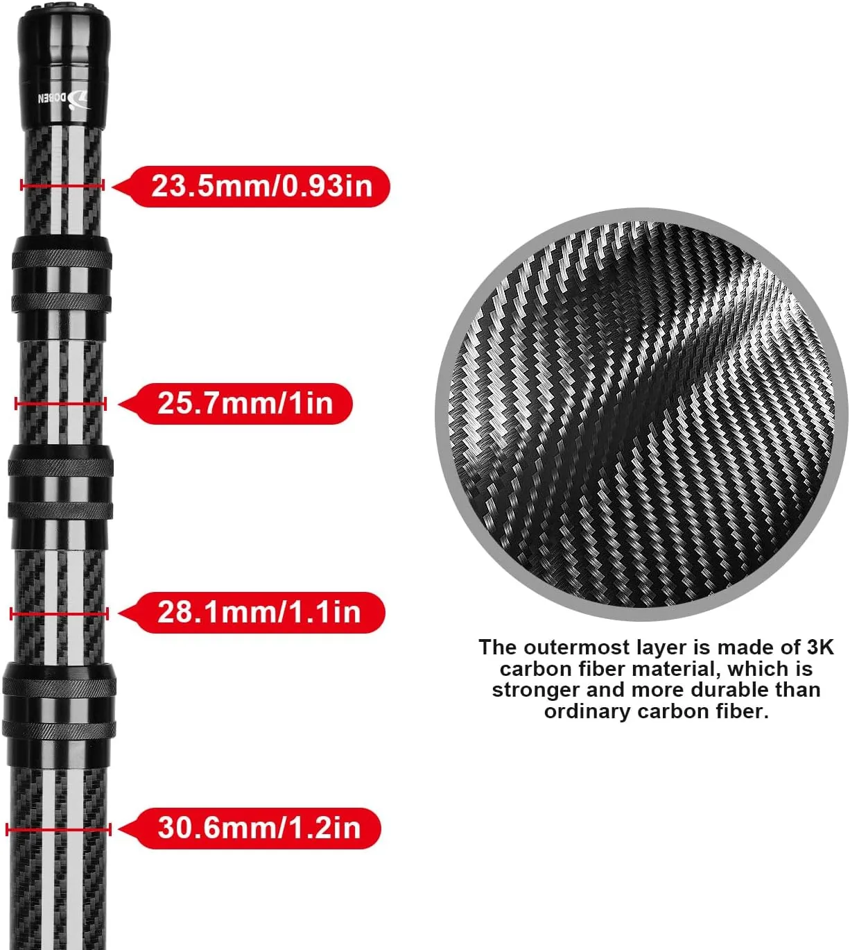 DOBEN 3K Carbon Fiber Pool Pole, Upgraded Telescopic Pool Pole 4.6 to 15 Feet, Professional Telescoping Swimming Pool Pole for Skimmer Net, Brush, Vacuum Head 15FT