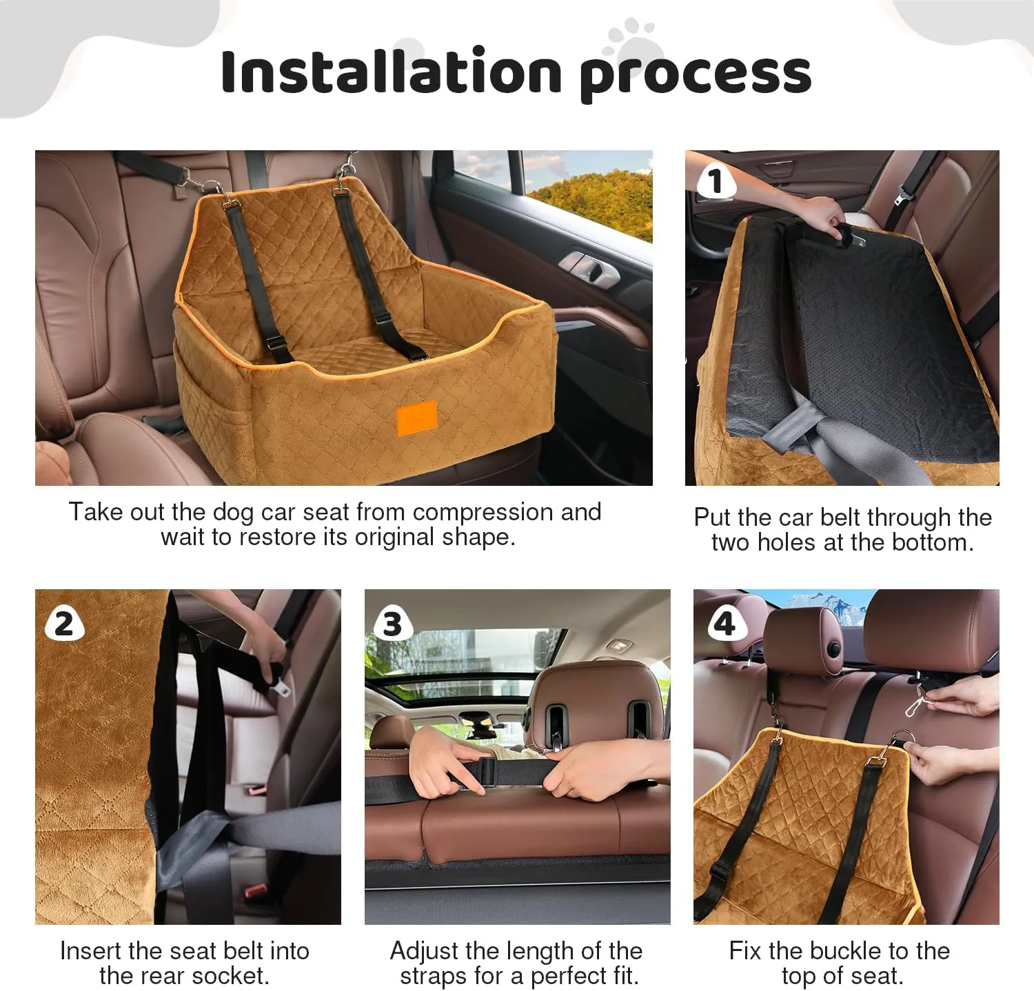 Dog Car Seat for Large/Medium Dogs, Booster Bed Under 55Lbs or 2 Small Dogs, Detachable and Washable Travel Pet Seat with Thick Cushion and Storage Pockets (Brown)