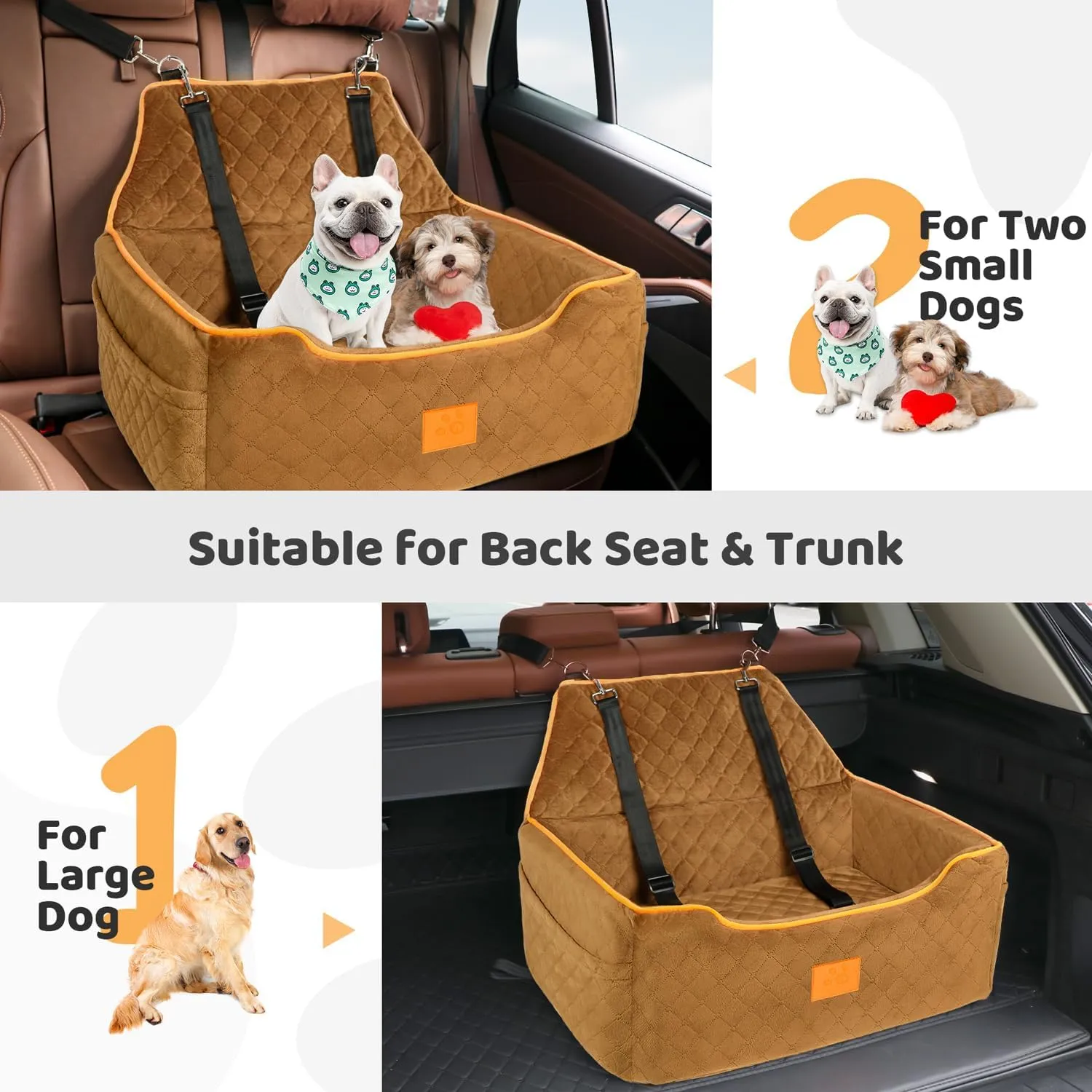 Dog Car Seat for Large/Medium Dogs, Booster Bed Under 55Lbs or 2 Small Dogs, Detachable and Washable Travel Pet Seat with Thick Cushion and Storage Pockets (Brown)