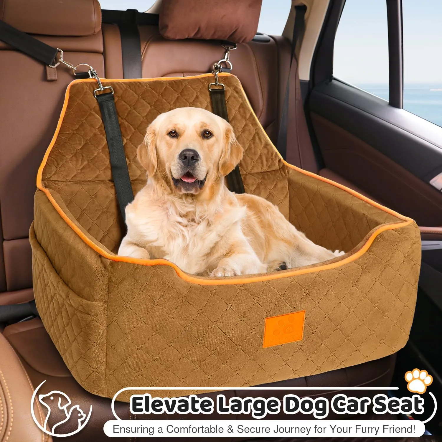 Dog Car Seat for Large/Medium Dogs, Booster Bed Under 55Lbs or 2 Small Dogs, Detachable and Washable Travel Pet Seat with Thick Cushion and Storage Pockets (Brown)