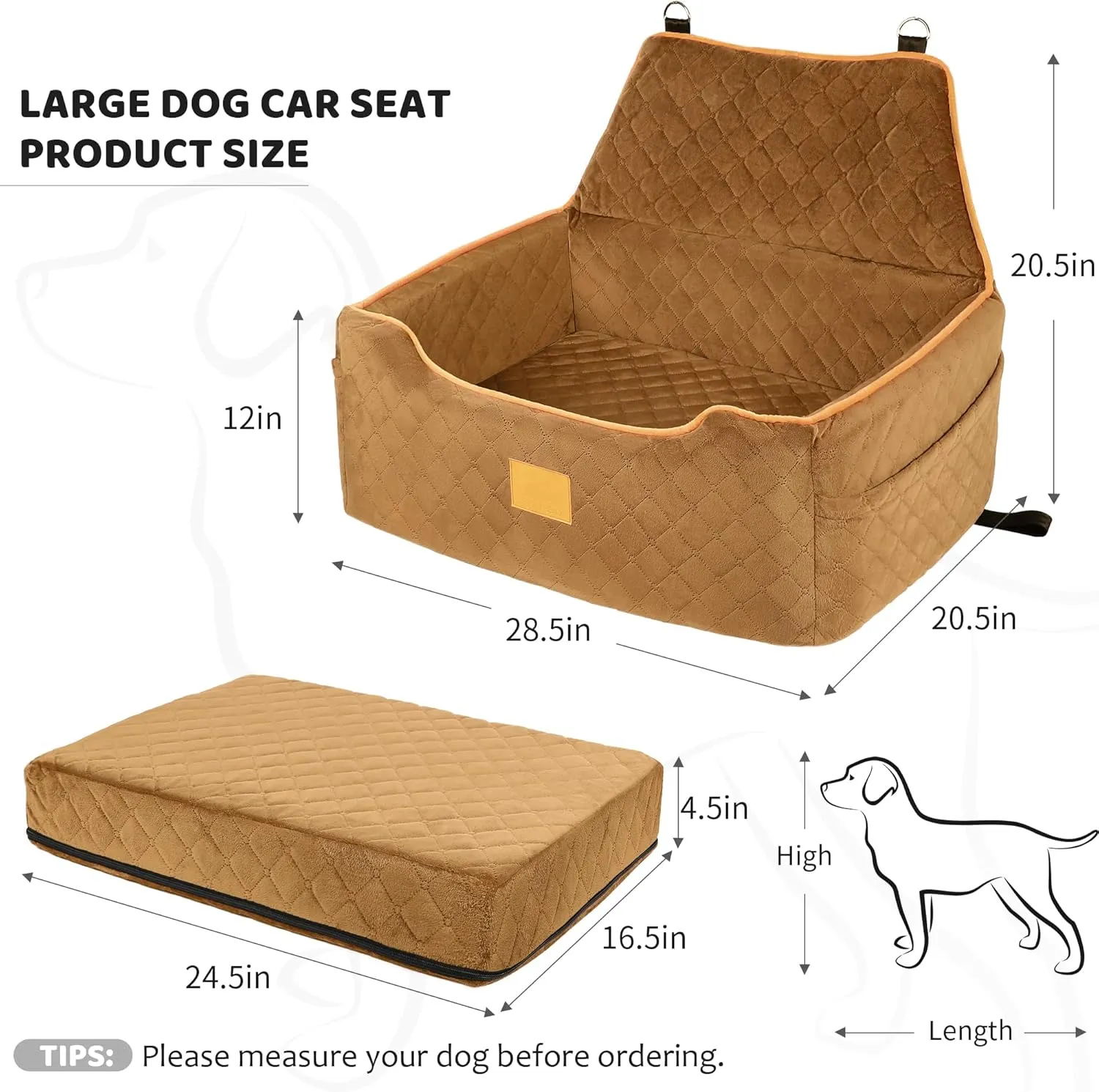 Dog Car Seat for Large/Medium Dogs, Booster Bed Under 55Lbs or 2 Small Dogs, Detachable and Washable Travel Pet Seat with Thick Cushion and Storage Pockets (Brown)