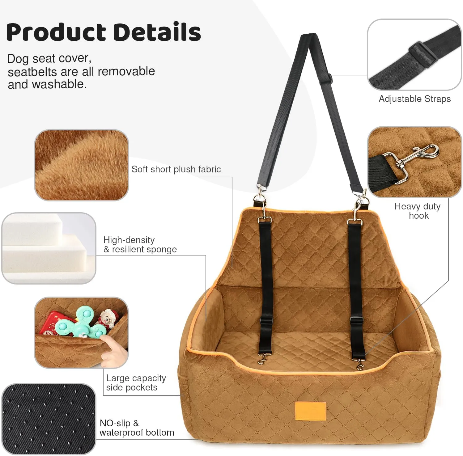 Dog Car Seat for Large/Medium Dogs, Booster Bed Under 55Lbs or 2 Small Dogs, Detachable and Washable Travel Pet Seat with Thick Cushion and Storage Pockets (Brown)