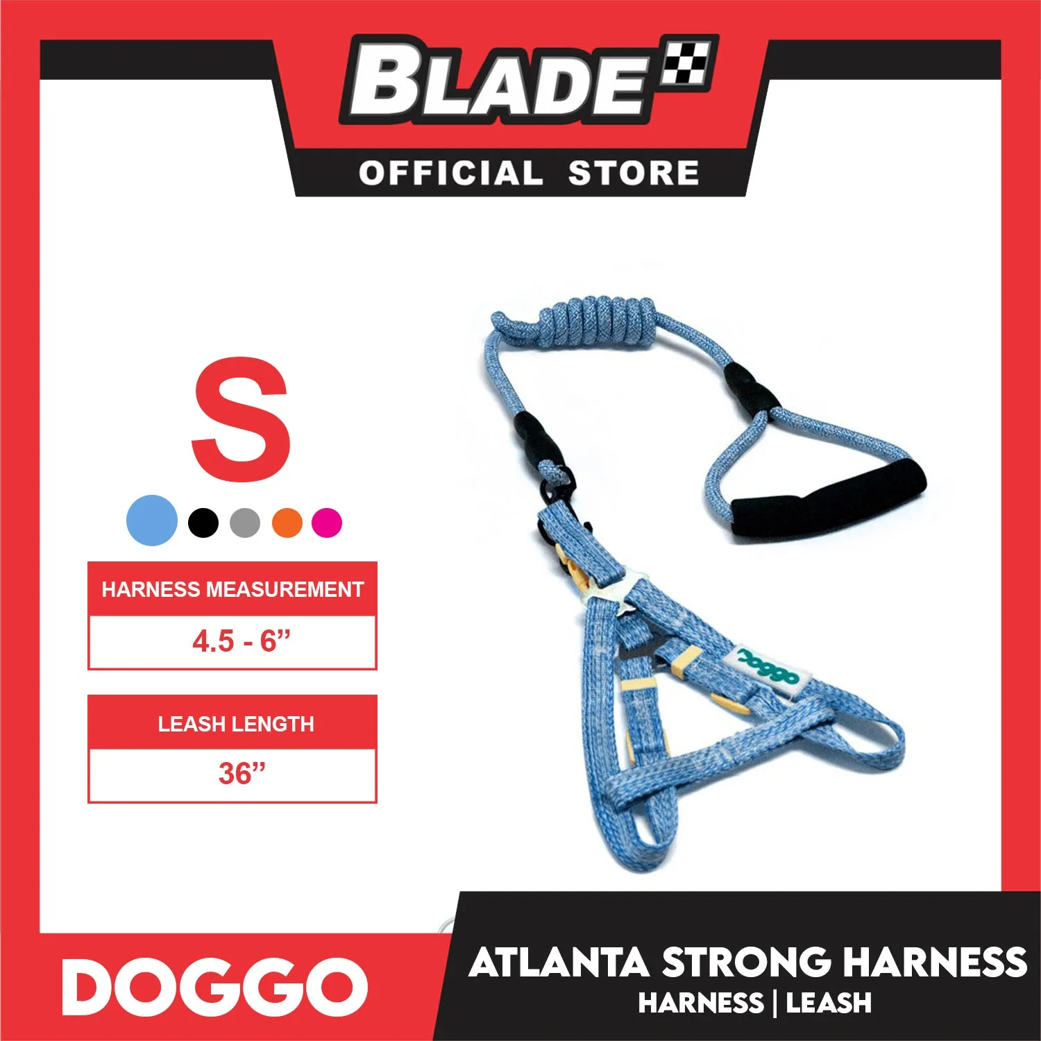 Doggo Atlanta Strong Harness and Leash Set Small Size (Blue)