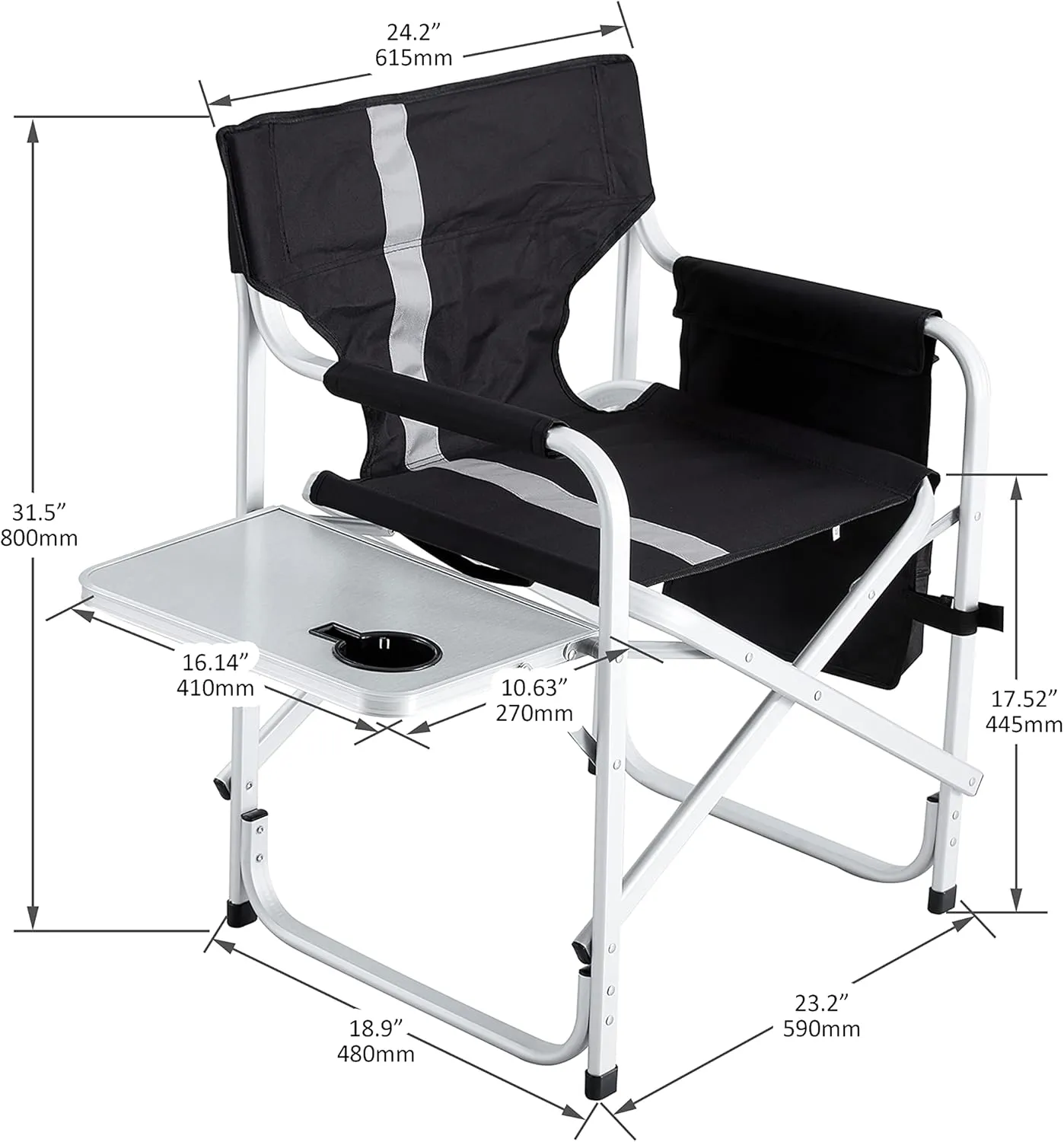 Donext 1PC Camping Chair, Portable Aluminum Directors Chair with Side Table Detachable Side Pocket for Outdoor Camping, Lawn, Picnic, Support 400lbs, Black