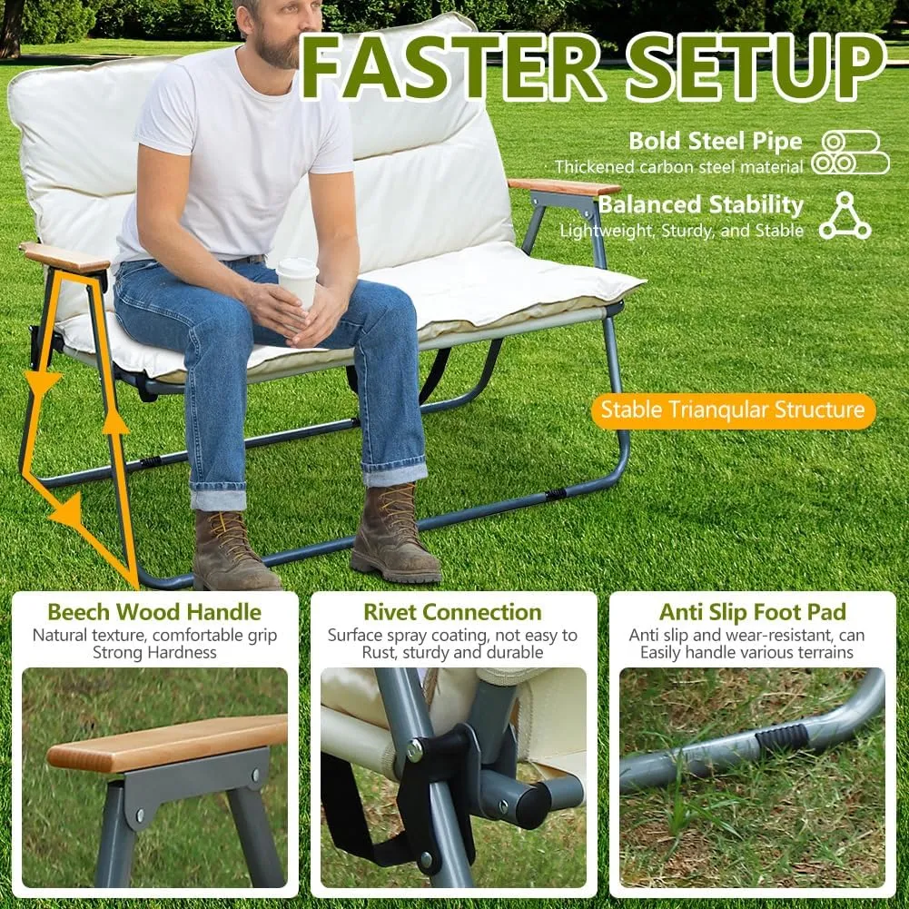 Double Seat Folding Camping Chair, Portable Heavy Duty Outdoor Camping Chair,Suitable for 2 Adults, Wooden Armrests, with Seat Cushion, for Fishing, Travel, Lawn, Camping, Hiking, Khaki