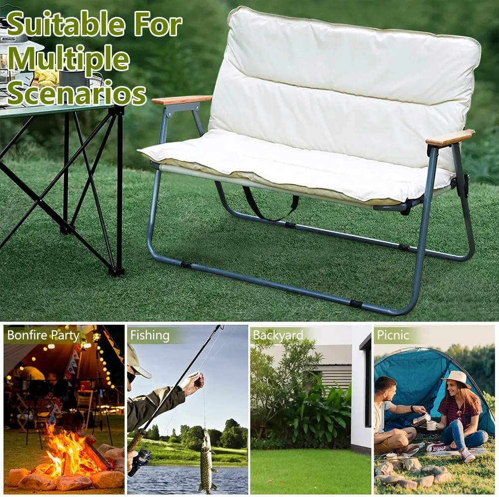 Double Seat Folding Camping Chair, Portable Heavy Duty Outdoor Camping Chair,Suitable for 2 Adults, Wooden Armrests, with Seat Cushion, for Fishing, Travel, Lawn, Camping, Hiking, Khaki