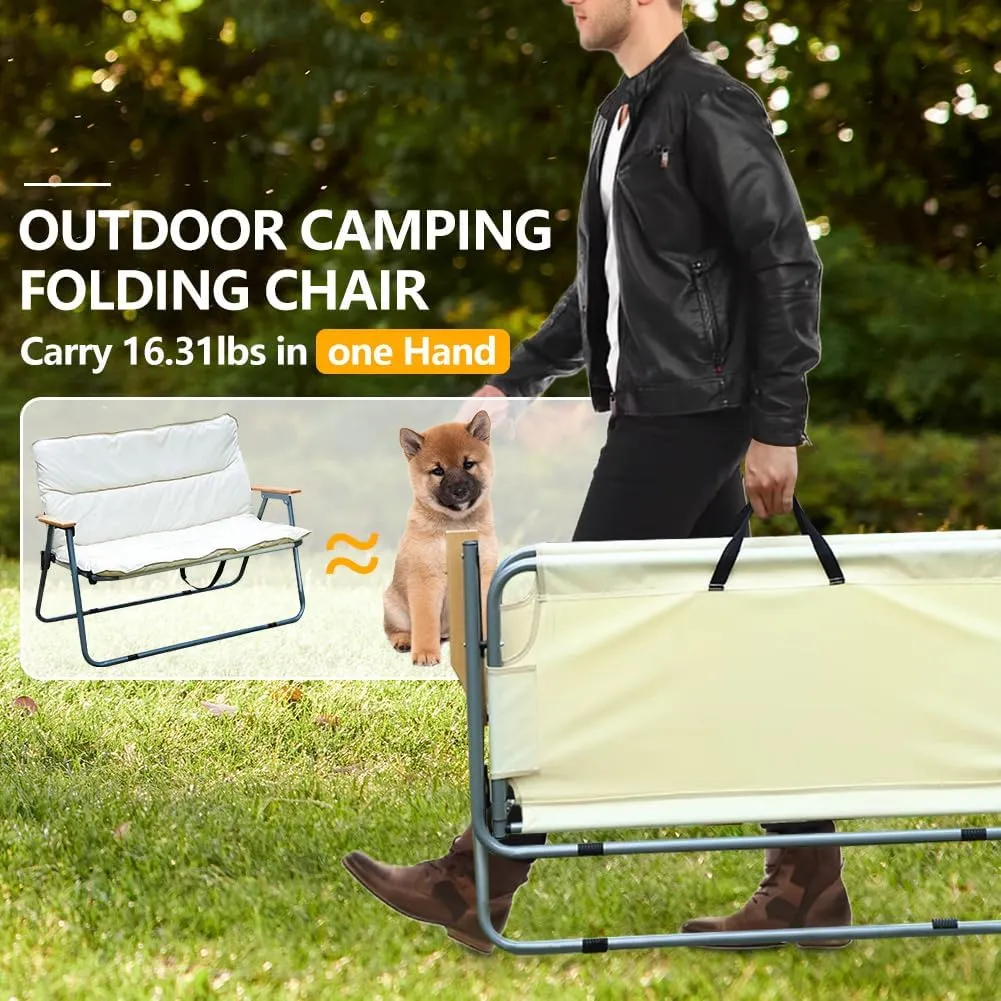 Double Seat Folding Camping Chair, Portable Heavy Duty Outdoor Camping Chair,Suitable for 2 Adults, Wooden Armrests, with Seat Cushion, for Fishing, Travel, Lawn, Camping, Hiking, Khaki