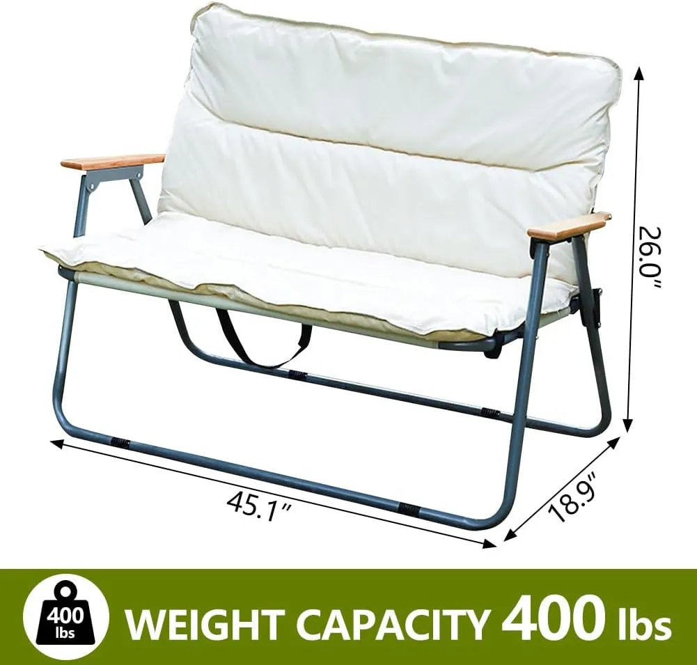 Double Seat Folding Camping Chair, Portable Heavy Duty Outdoor Camping Chair,Suitable for 2 Adults, Wooden Armrests, with Seat Cushion, for Fishing, Travel, Lawn, Camping, Hiking, Khaki