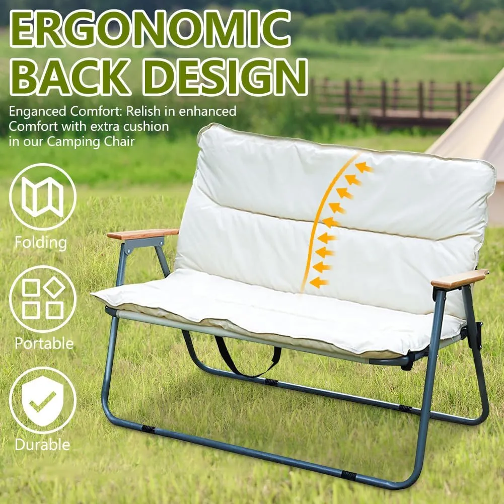 Double Seat Folding Camping Chair, Portable Heavy Duty Outdoor Camping Chair,Suitable for 2 Adults, Wooden Armrests, with Seat Cushion, for Fishing, Travel, Lawn, Camping, Hiking, Khaki
