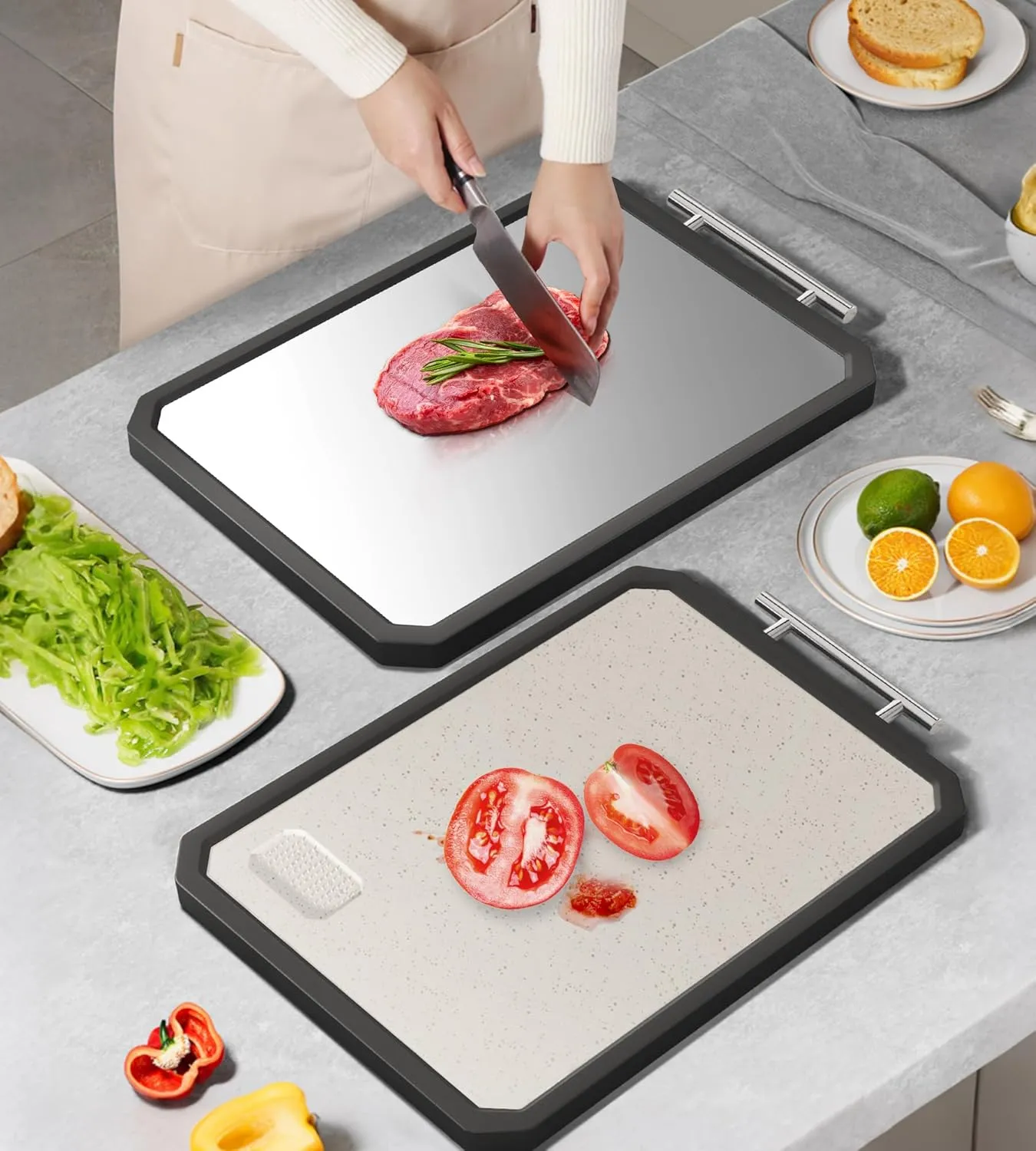 Double Sided GR1 Titanium& Wheat Straw Cutting Board, Large 16”×12” Non Toxic Chopping Board for Kitchen, Separately Handle Meat and Vegetables, Dishwasher Safe