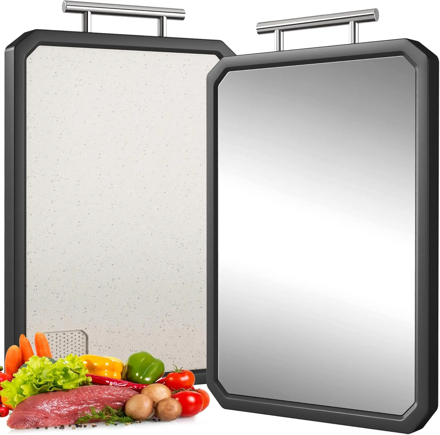 Double Sided GR1 Titanium& Wheat Straw Cutting Board, Large 16”×12” Non Toxic Chopping Board for Kitchen, Separately Handle Meat and Vegetables, Dishwasher Safe