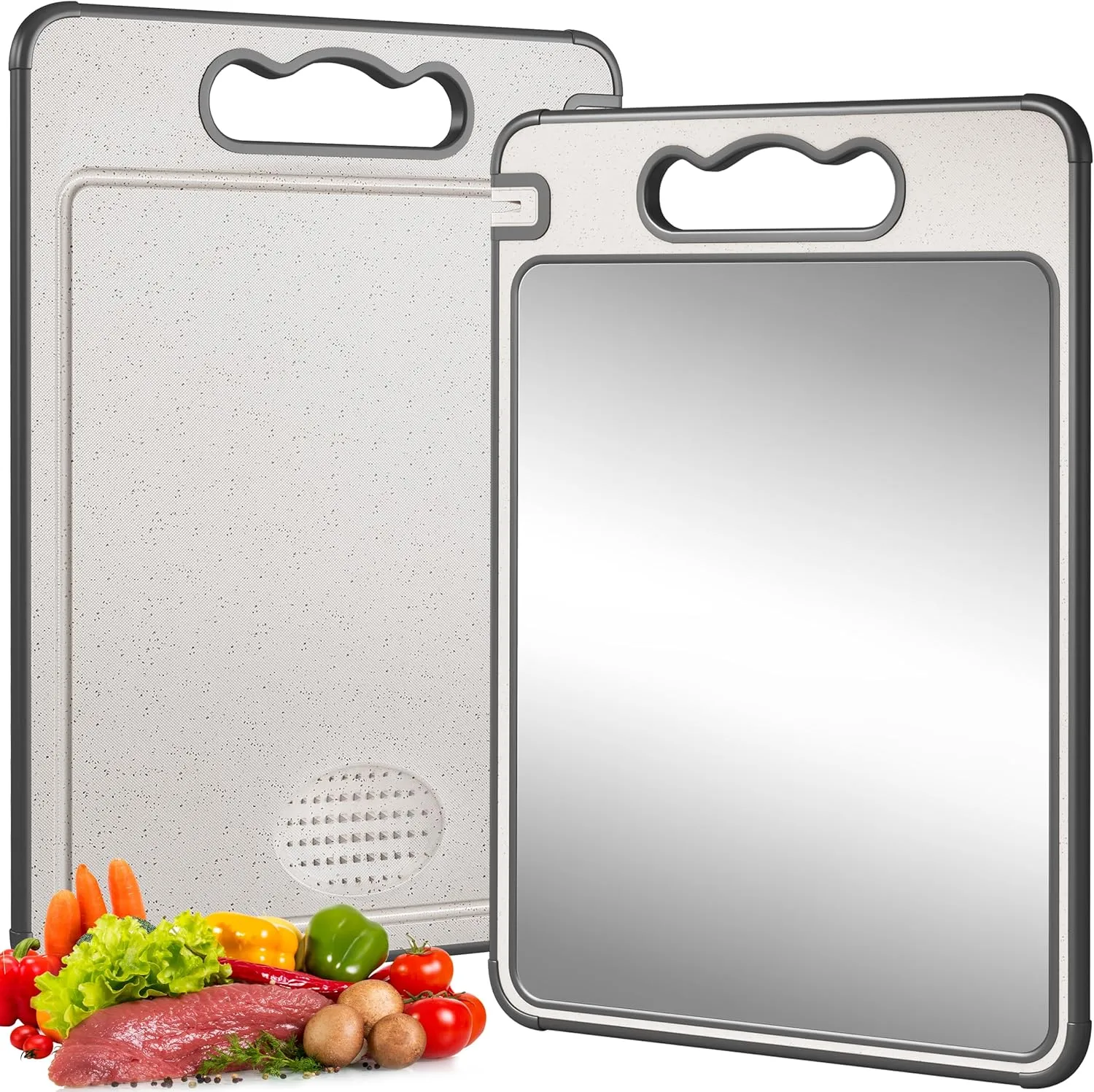 Double Sided Titanium & Wheat Straw Cutting Board, 14.4"*9.8" Non Toxic Lightweight Chopping Board, Separately Handle Meat and Vegetables, Dishwasher Safe
