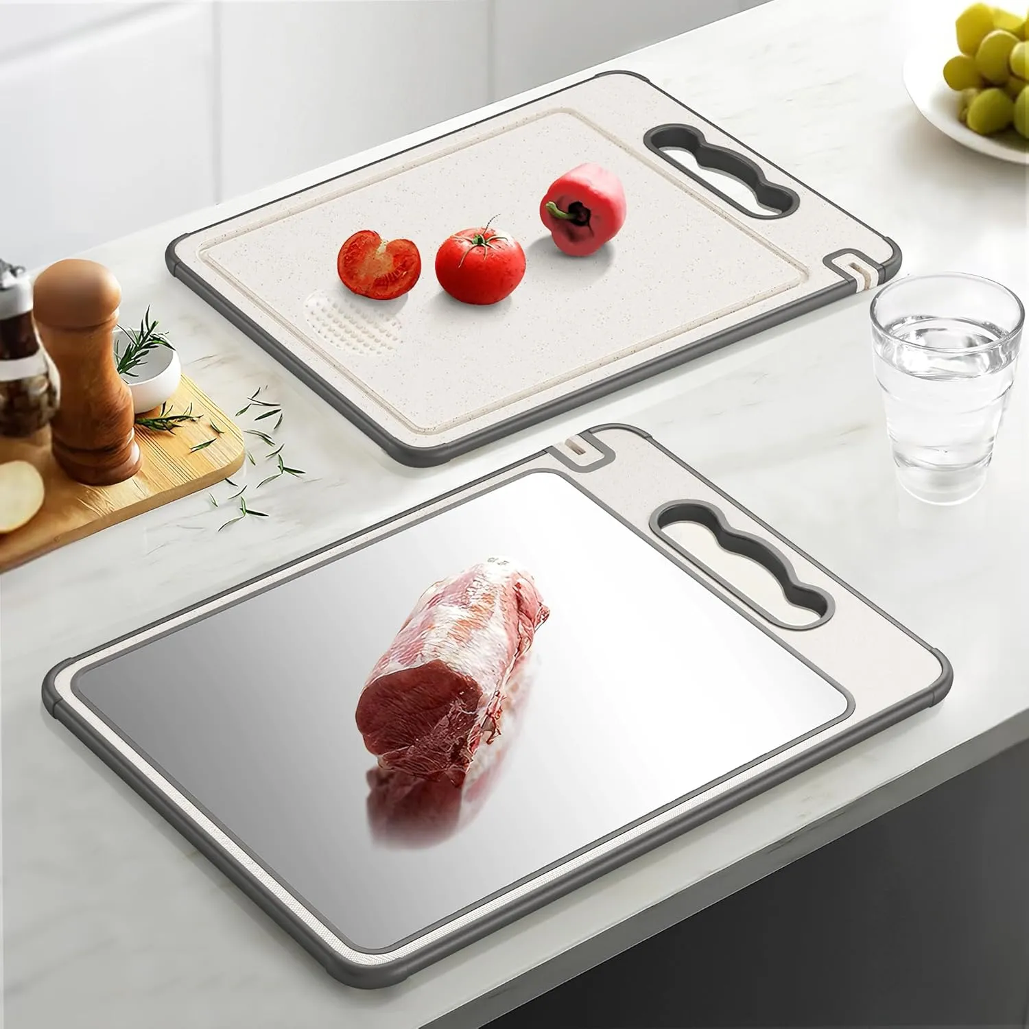 Double Sided Titanium & Wheat Straw Cutting Board, 14.4"*9.8" Non Toxic Lightweight Chopping Board, Separately Handle Meat and Vegetables, Dishwasher Safe