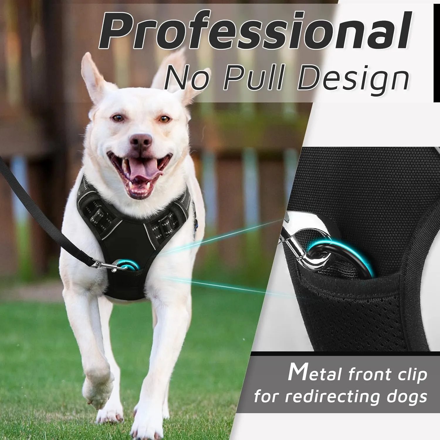Eagloo Dog Harness for Large Dogs, No Pull Service Vest with Reflective Strips and Control Handle, Adjustable and Comfortable for Easy Walking, No Choke Pet Harness with 2 Metal Rings, Black, L