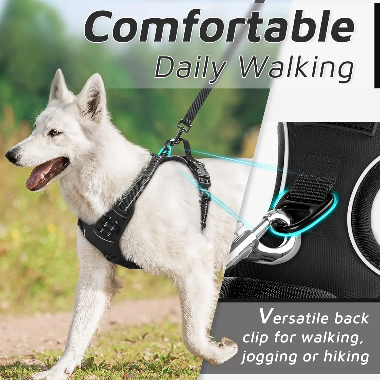 Eagloo Dog Harness for Large Dogs, No Pull Service Vest with Reflective Strips and Control Handle, Adjustable and Comfortable for Easy Walking, No Choke Pet Harness with 2 Metal Rings, Black, L