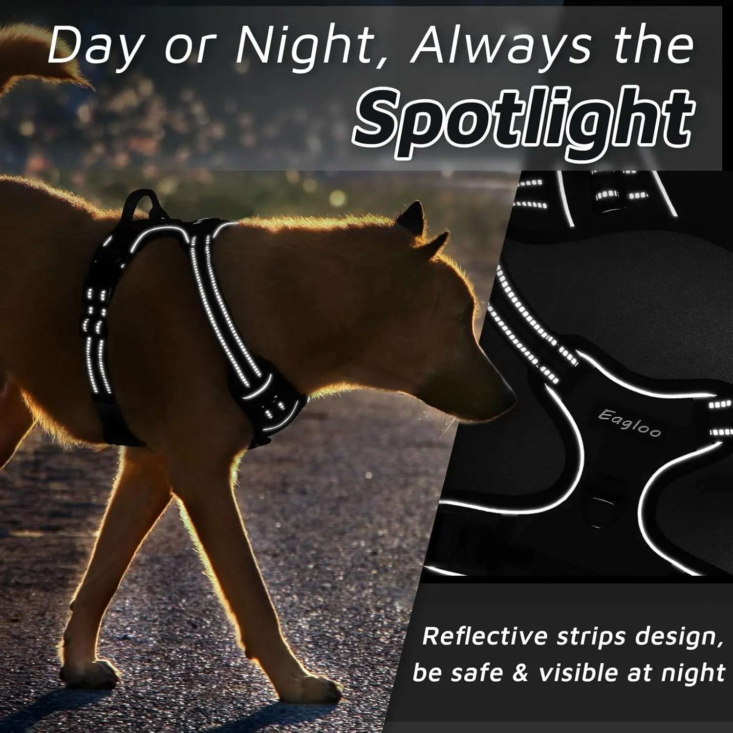 Eagloo Dog Harness for Large Dogs, No Pull Service Vest with Reflective Strips and Control Handle, Adjustable and Comfortable for Easy Walking, No Choke Pet Harness with 2 Metal Rings, Black, L