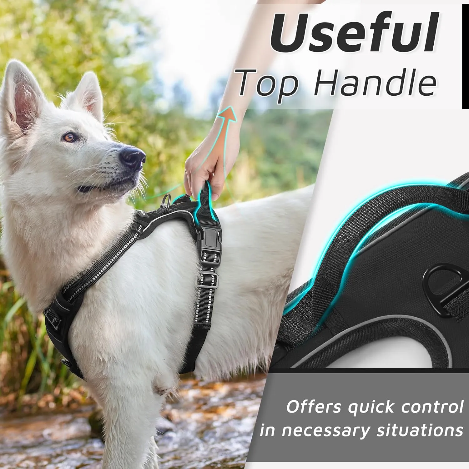 Eagloo Dog Harness for Large Dogs, No Pull Service Vest with Reflective Strips and Control Handle, Adjustable and Comfortable for Easy Walking, No Choke Pet Harness with 2 Metal Rings, Black, L