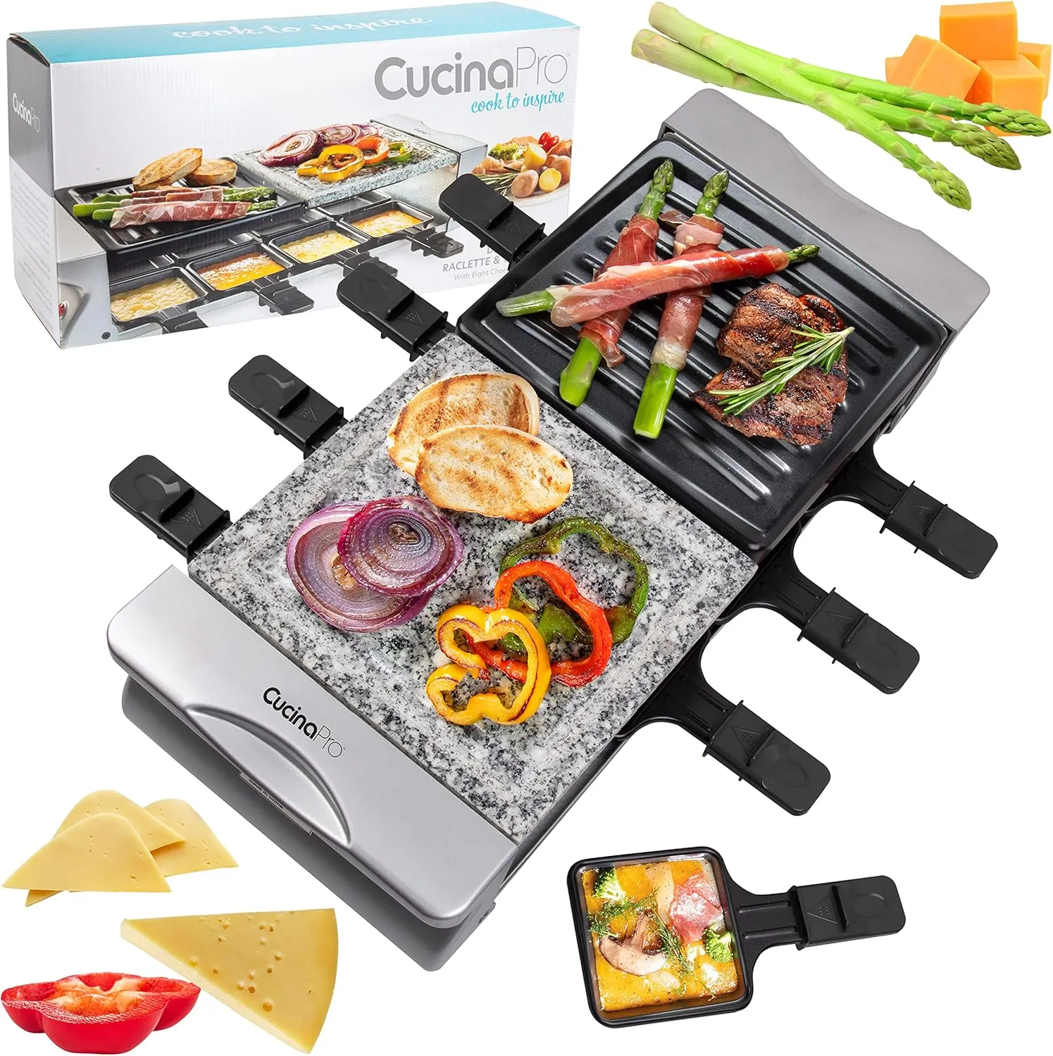 Electric Cheese Raclette Table Grill w Nonstick Grilling Plate & Cooking Stone- Electric Indoor Smokeless Korean BBQ 8 Person Tabletop Cooker Hotplate- Melt Cheese Grill Meat Veggies Home Dinner Party