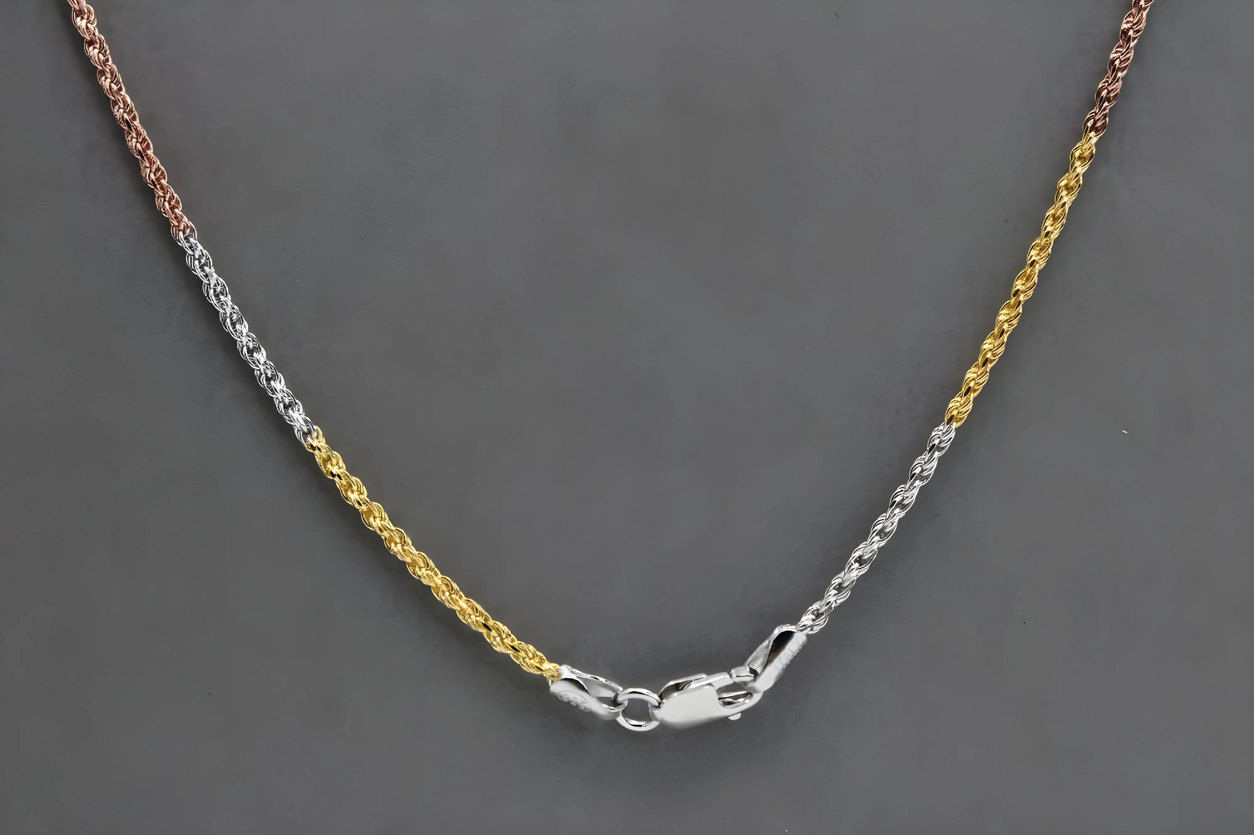 Elegant Tri-Tone Silver, Gold, and Rose Gold Rope Chain - Versatile Luxury for Any Occasion