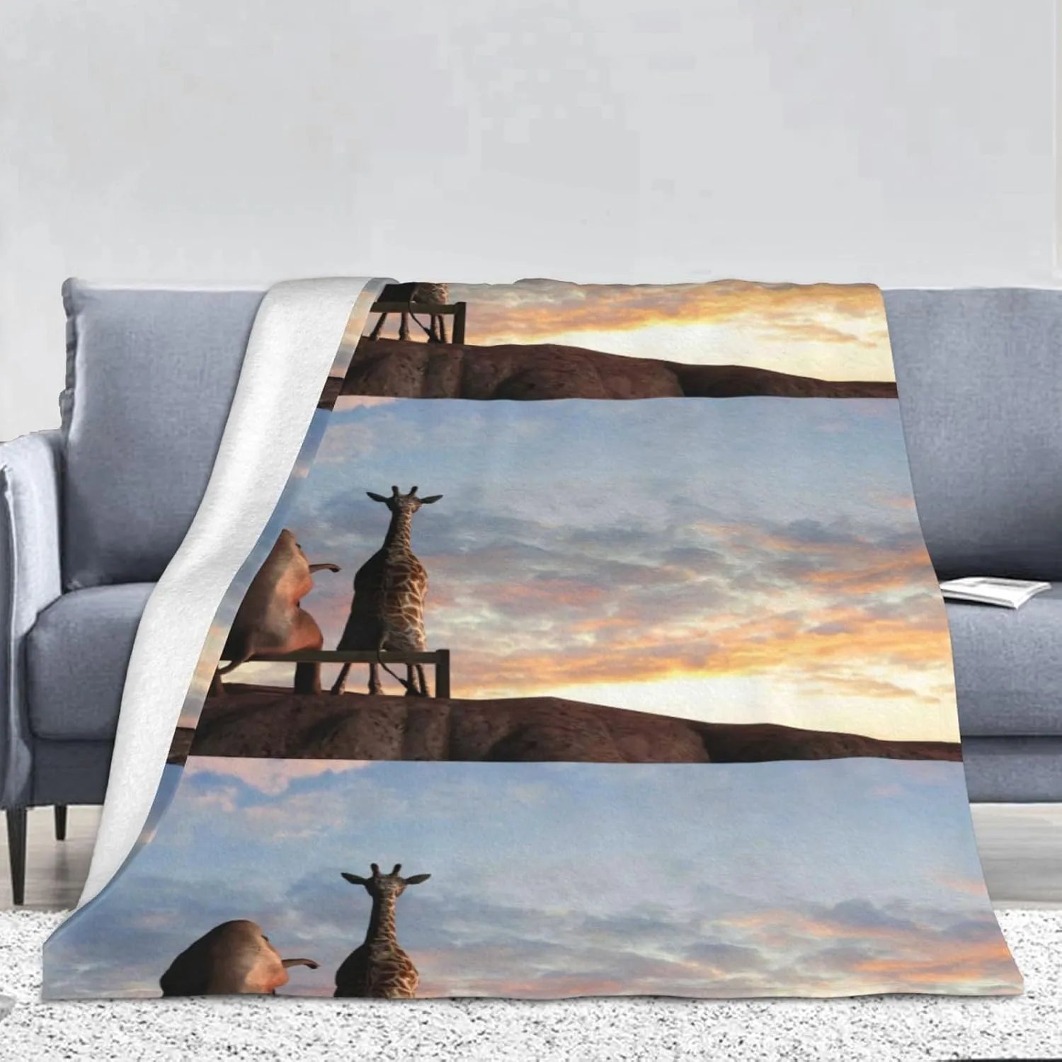 Elephant Giraffe On A Mountain Top Sunset Flannel Throw Blanket All Season No Shed No Pilling Lightweight Bed Blanket for Bed, Sofa, Couch and Camping Super Soft Blanket (66x90in)