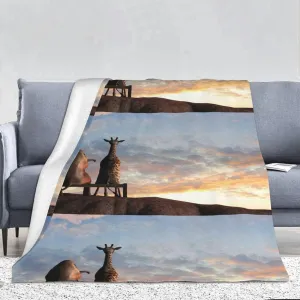 Elephant Giraffe On A Mountain Top Sunset Flannel Throw Blanket All Season No Shed No Pilling Lightweight Bed Blanket for Bed, Sofa, Couch and Camping Super Soft Blanket (66x90in)