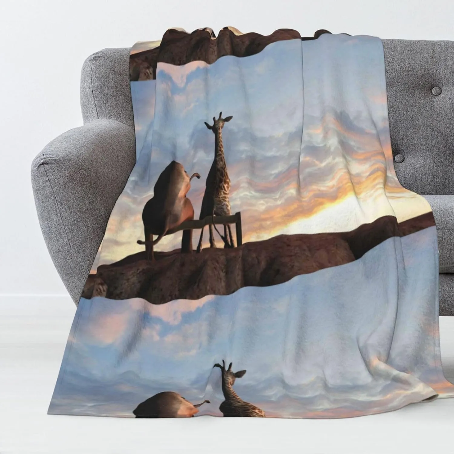 Elephant Giraffe On A Mountain Top Sunset Flannel Throw Blanket All Season No Shed No Pilling Lightweight Bed Blanket for Bed, Sofa, Couch and Camping Super Soft Blanket (66x90in)