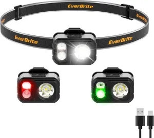 EverBrite Rechargeable LED Headlamp, Ultra-Light with Hat Clip, IP67 Waterproof, White/Red/Green Light, 7 Modes for Camping, Running and Backpacking-Grey