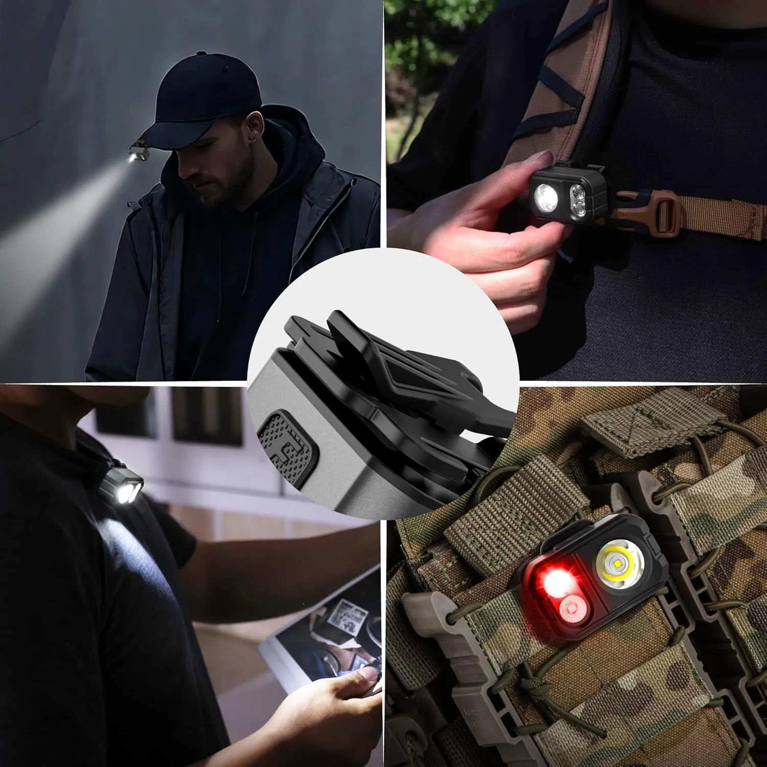 EverBrite Rechargeable LED Headlamp, Ultra-Light with Hat Clip, IP67 Waterproof, White/Red/Green Light, 7 Modes for Camping, Running and Backpacking-Grey